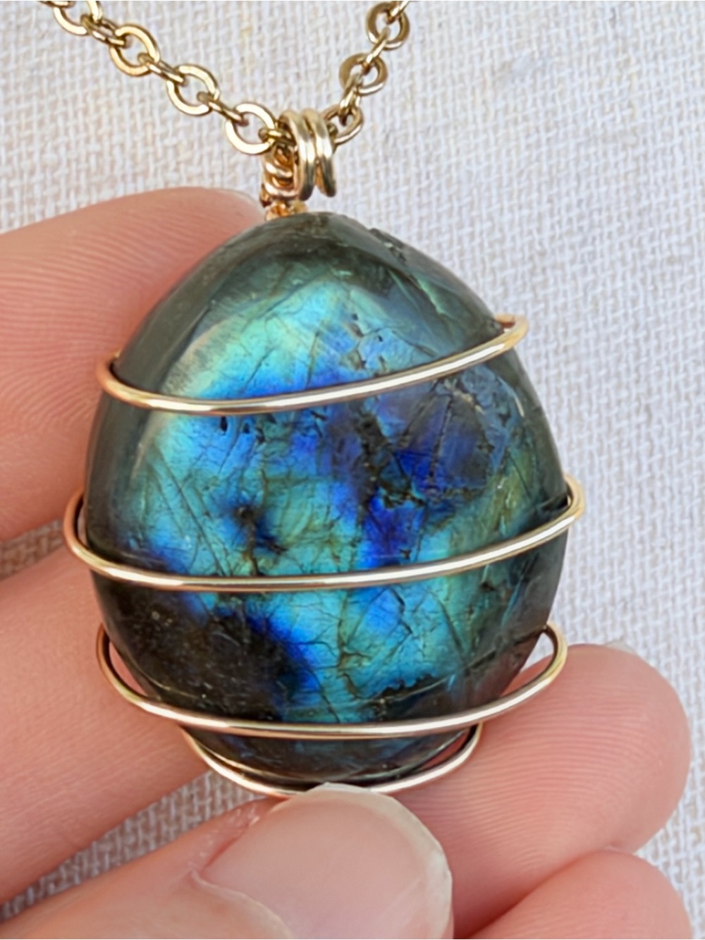 Labradorite Wire-Wrapped Pendant Necklace with Blue-Green Flash Gold Chain